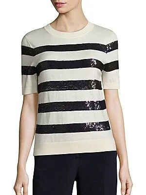 Carolina Herrera Sequin-Striped Wool Knit Top in White