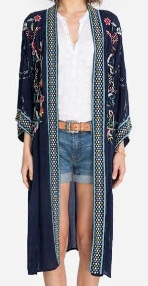 Johnny Was Embroidered Summer Long Kimono in Navy
