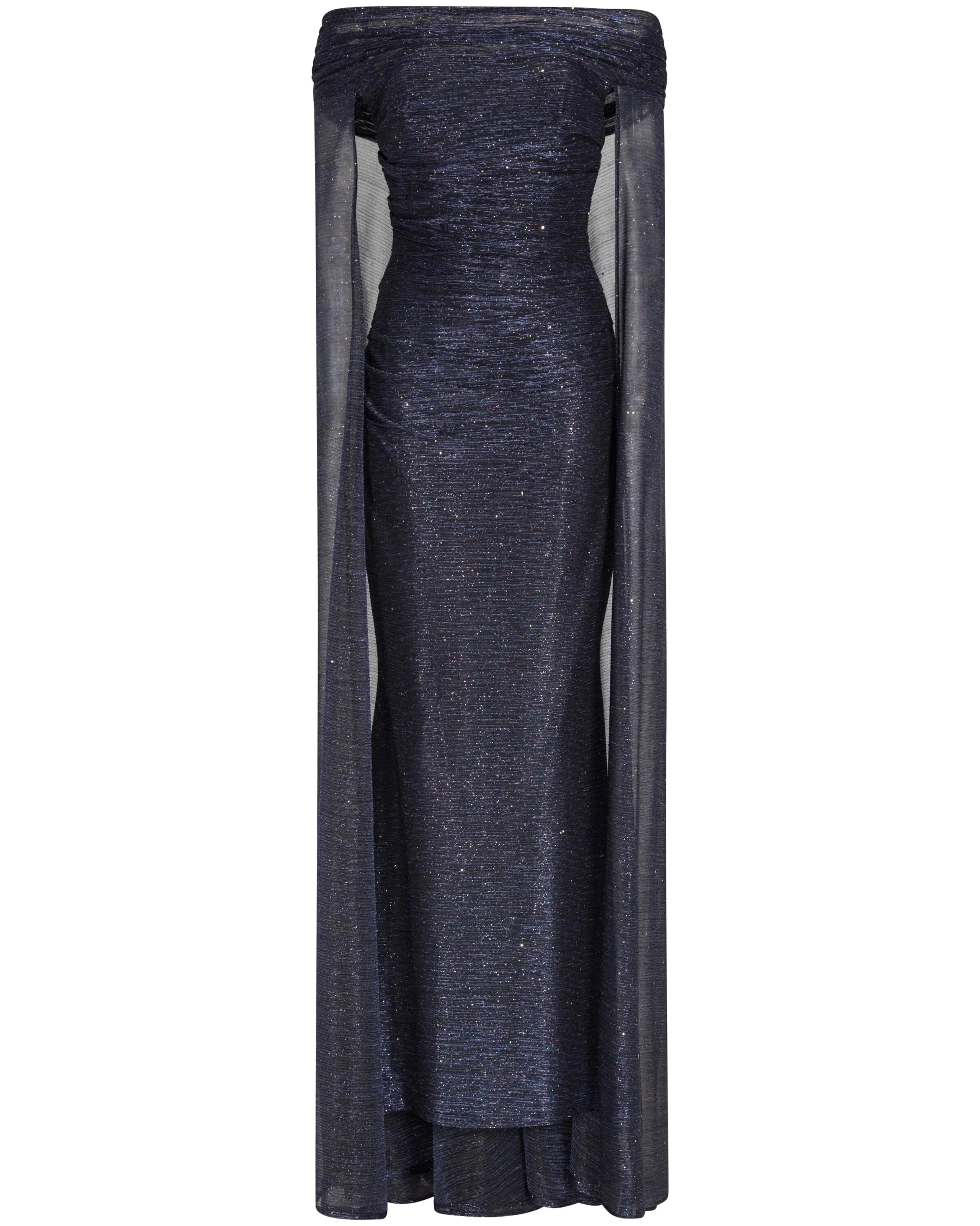 Talbot Runhof Sprinkled Metallic Off-The-Shoulder Cape Gown in Navy