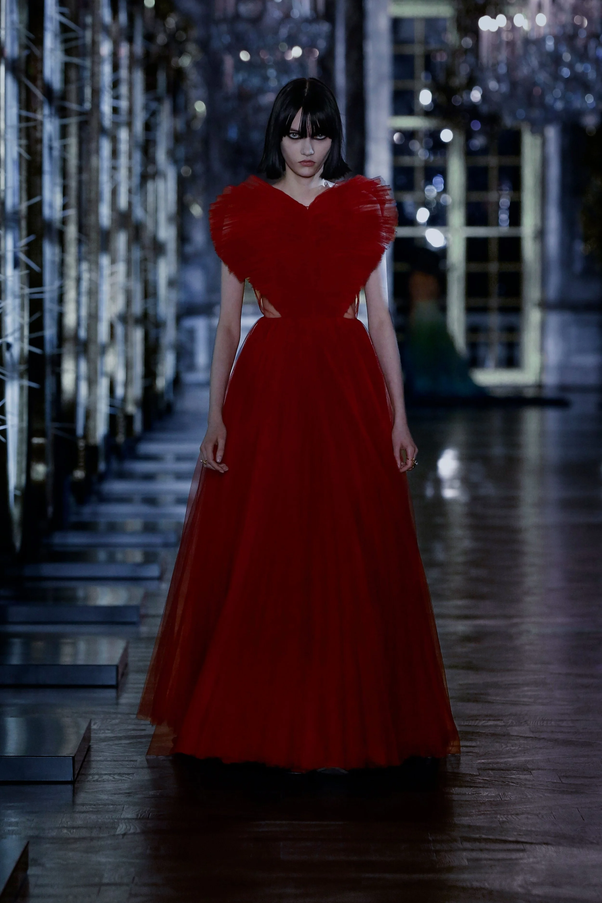 Christian Dior Red Ruffle-Fronted Tulle Gown with Heart Detailing