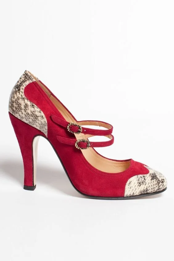 Zoraide Snakeskin Details Mary Jane Pumps in Fuchsia Suede