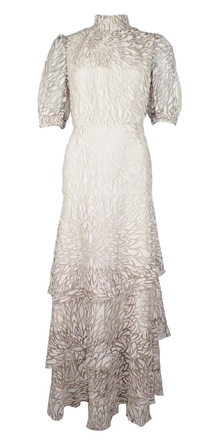 Valerie Leaf Patterned Midi Dress in Beige