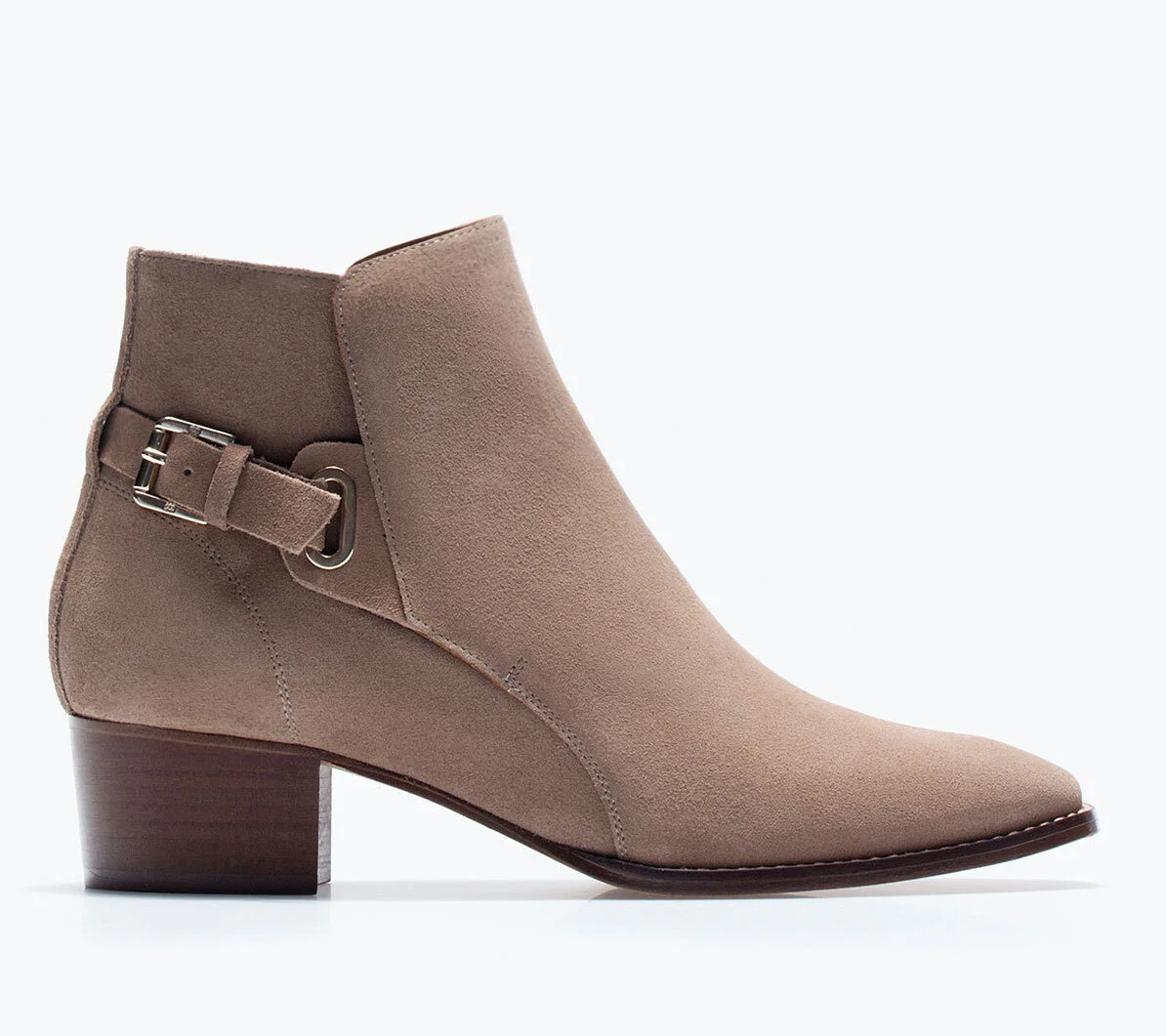 Massimo Dutti Buckled Ankle Boots in Beige Suede