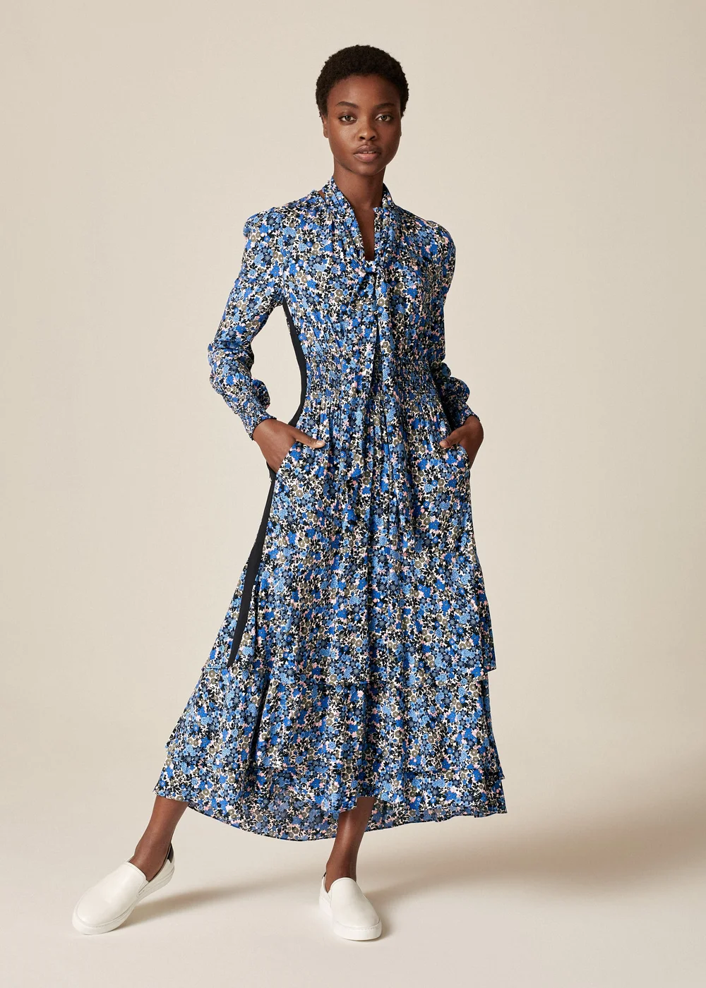 cream dress with blue flowers ME + EM Flower Field Tiered Maxi in Cream/Navy/Blue — UFO No More long blue floral dress