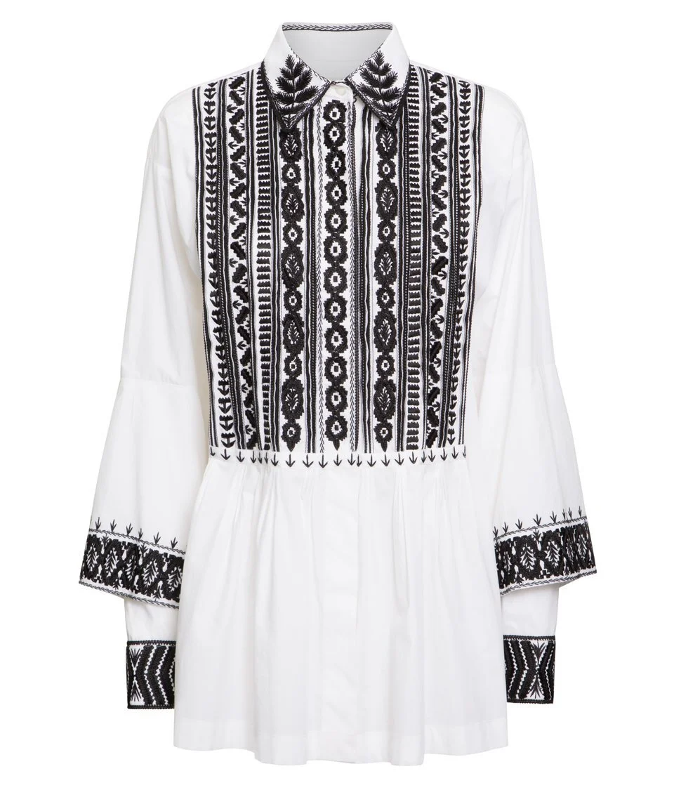 Dries Van Noten Castaly Embroidered Tassel Peplum Shirt in White/Black