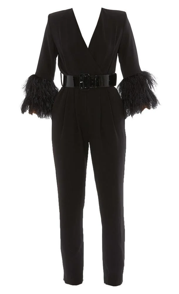 P.A.R.O.S.H. Cady Feathers Slim-fit Jumpsuit in Black