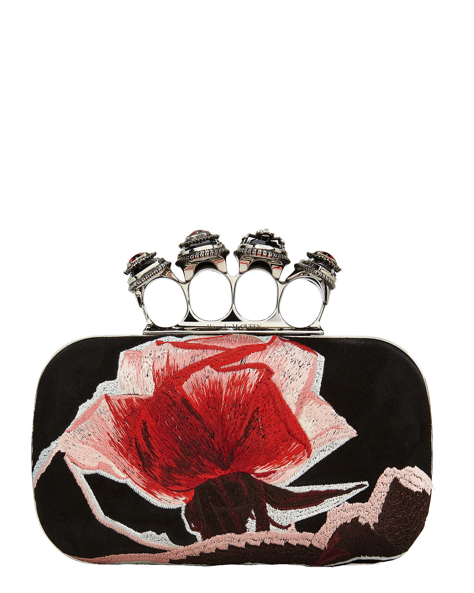 Alexander McQueen Four Ring Floral Clutch in Black Suede