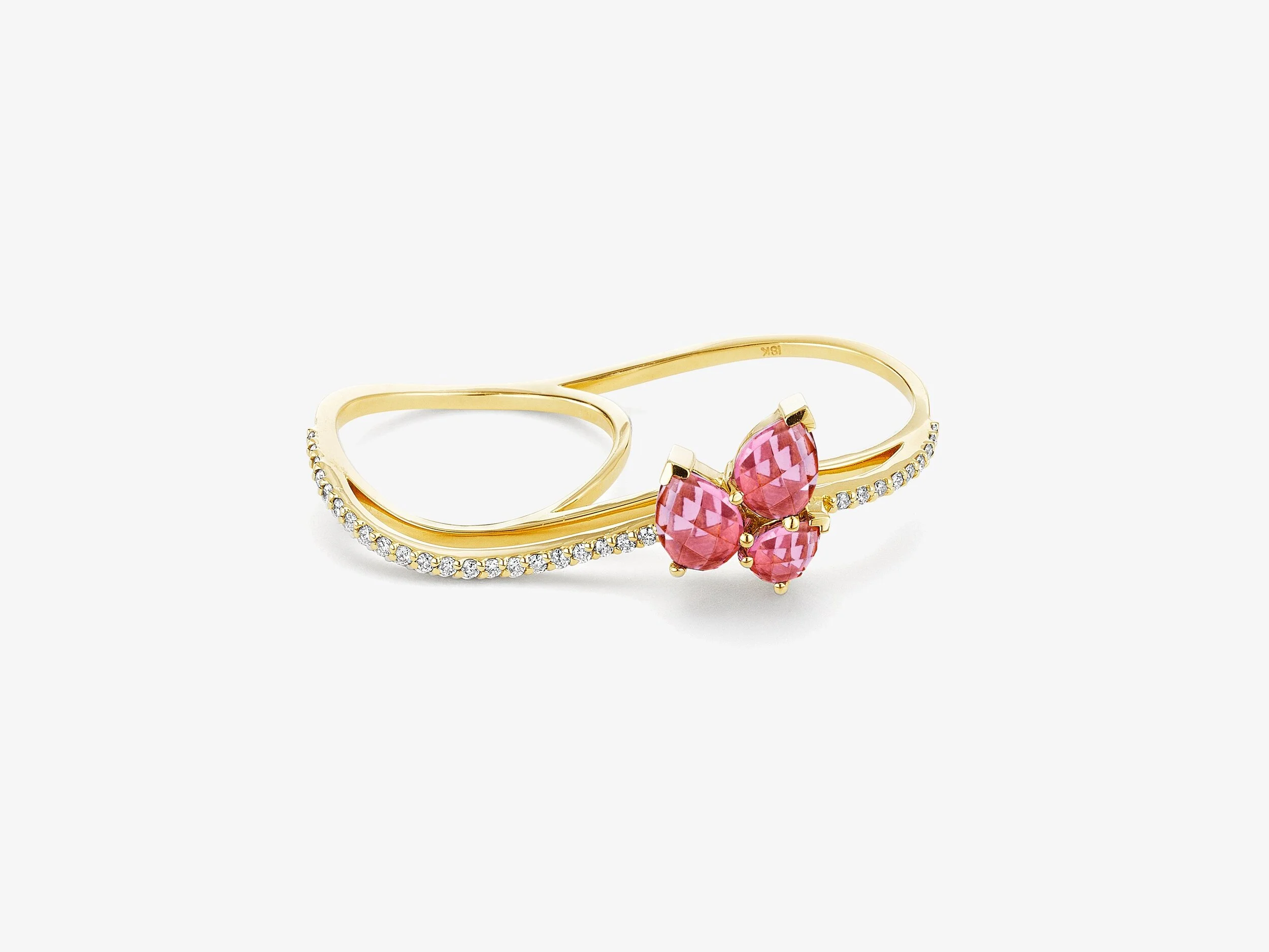 Paige Novick Three Dimensional Wavy Double Finger Ring with Diamond Pave & Pear Shaped Gemstone Cluster Detail