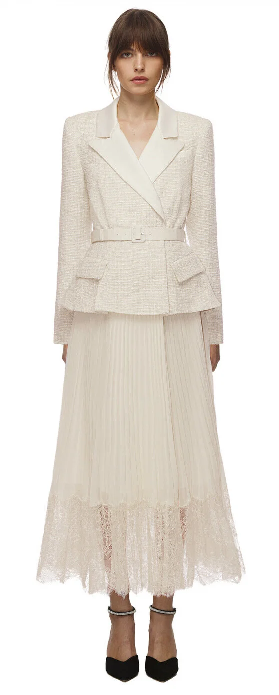 Self-Portrait Tailored Bouclé and Chiffon Midi Dress in Cream