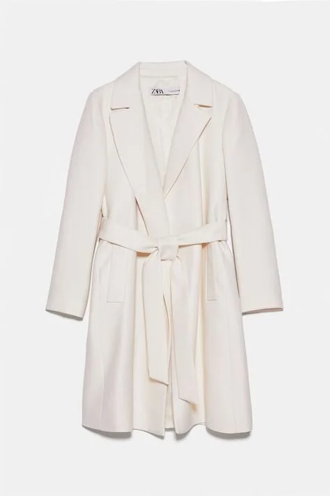 Zara Textured Belted Coat in Oyster White