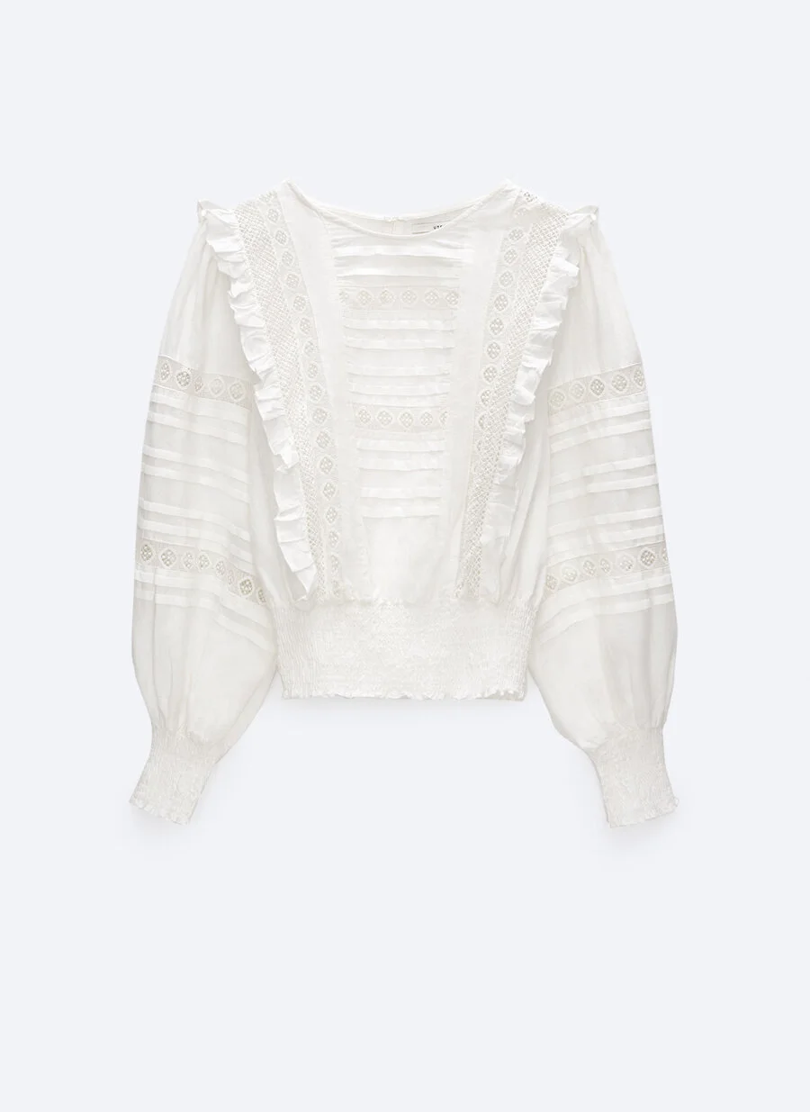 Uterque Lace and Ruffles Linen Top in White