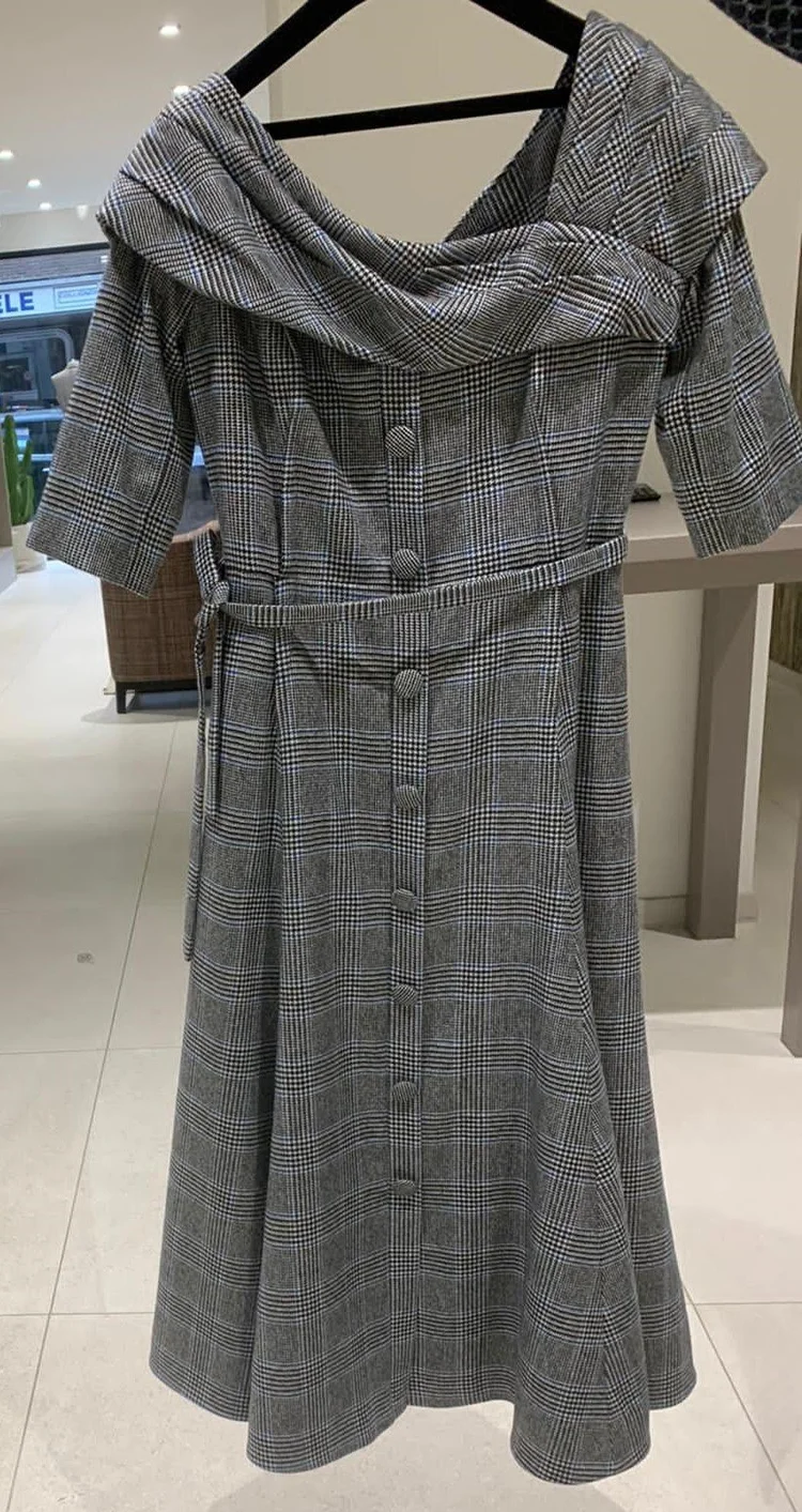 Meer Couture Asymmetrical Neckline Midi Dress in Grey Check  UFO No More