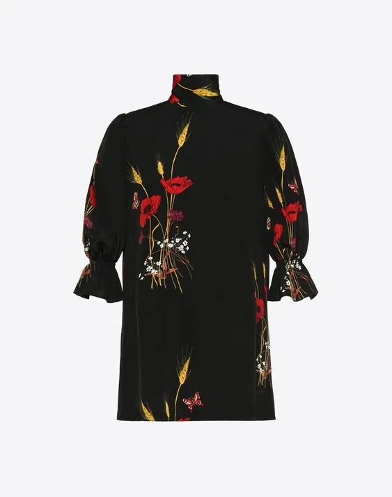 Valentino Floral Print Silk Crepe de Chine Turtleneck Blouse