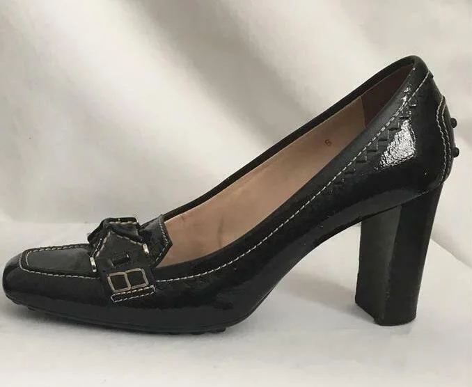Tod's Top-stitched Loafer Pumps in Black Patent Leather