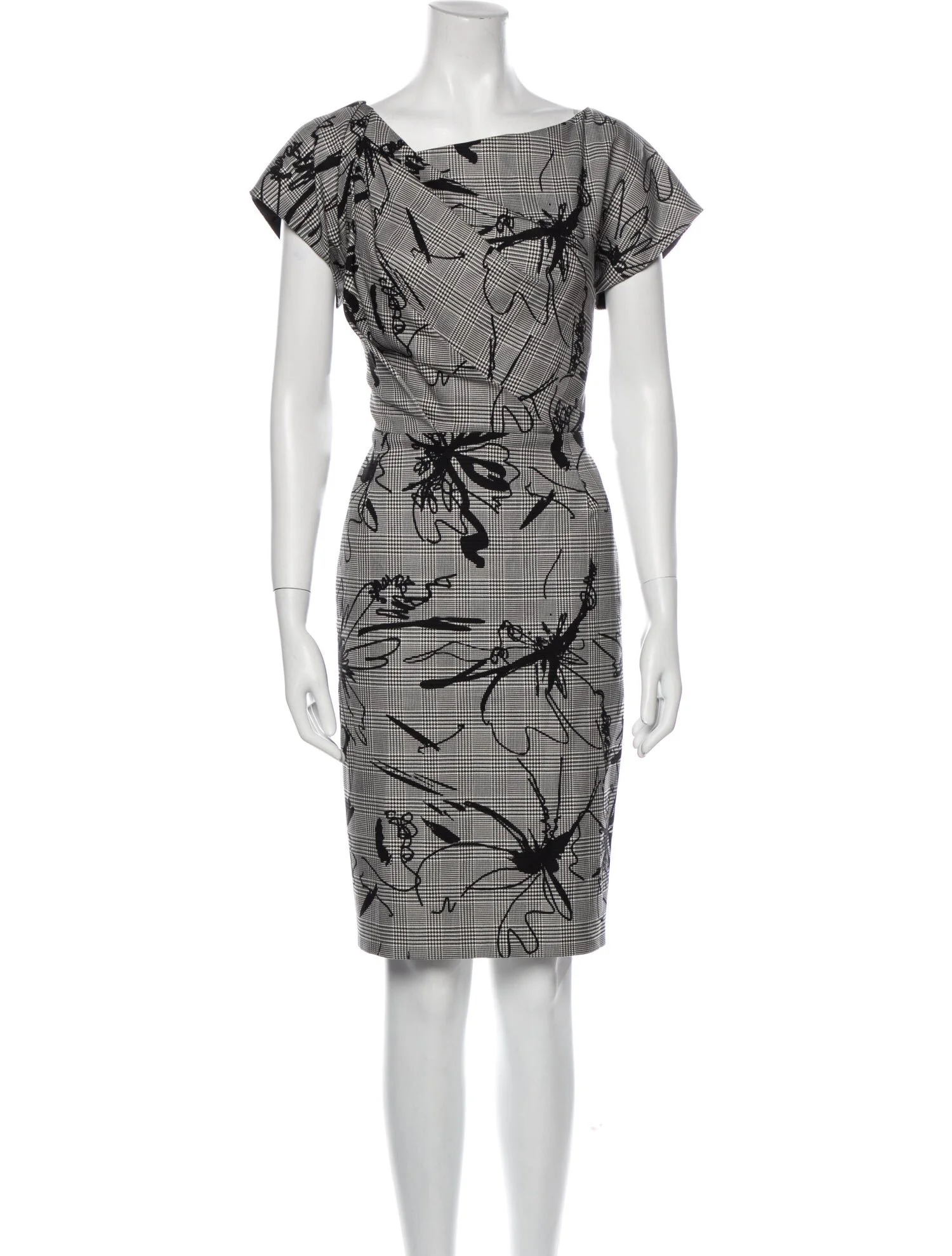 Escada Printed Checked Sheath Dress in Grey
