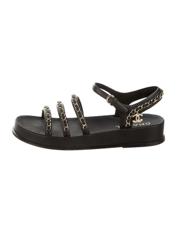 Chanel Chain-Embellished Platform Flat Sandals in Black.jpg