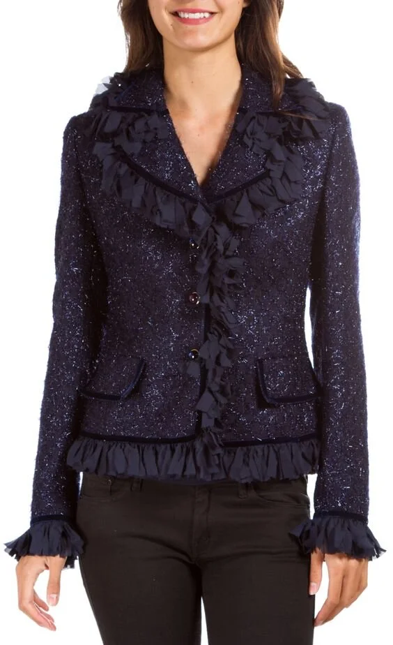 Escada Ribbon Frayed Trim Tweed Jacket in Navy