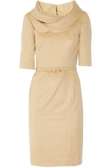 Oscar de la Renta Petal Collar Wool Dress in Camel