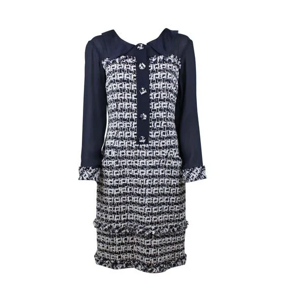 Oscar de la Renta Tweed and Chiffon Dress in Navy