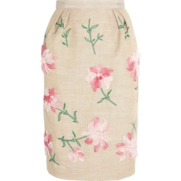 Oscar de la Renta Floral-appliqué Linen-blend Skirt