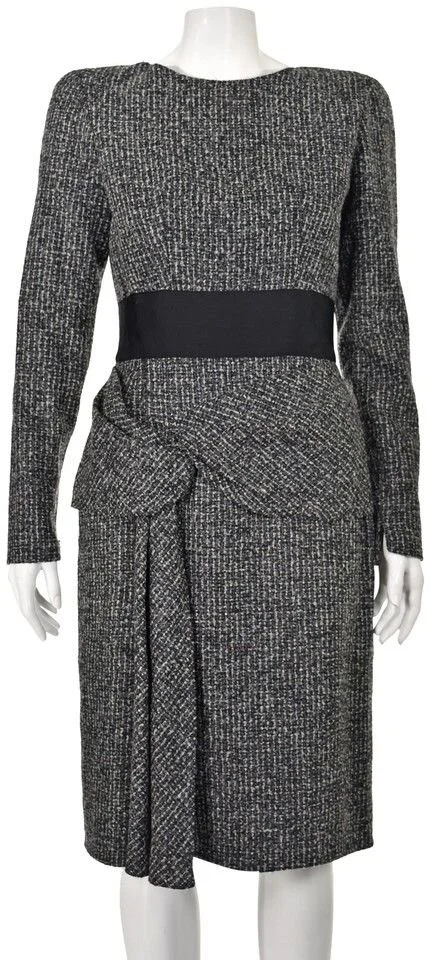 Oscar de la Renta Draped Front Bouclé Tweed Dress in Grey