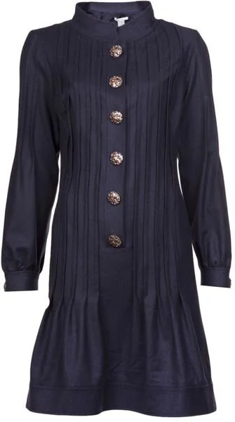 Oscar de la Renta Long Sleeve Gold Button Front Dress in Navy