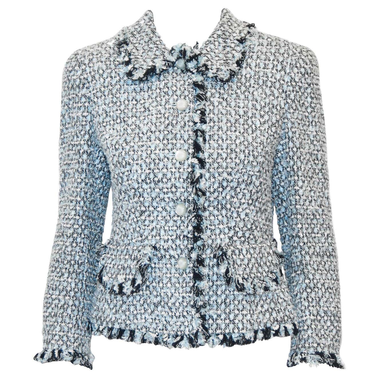 Escada Tweed Fringe Jacket With Front Pockets in Blue — UFO No More