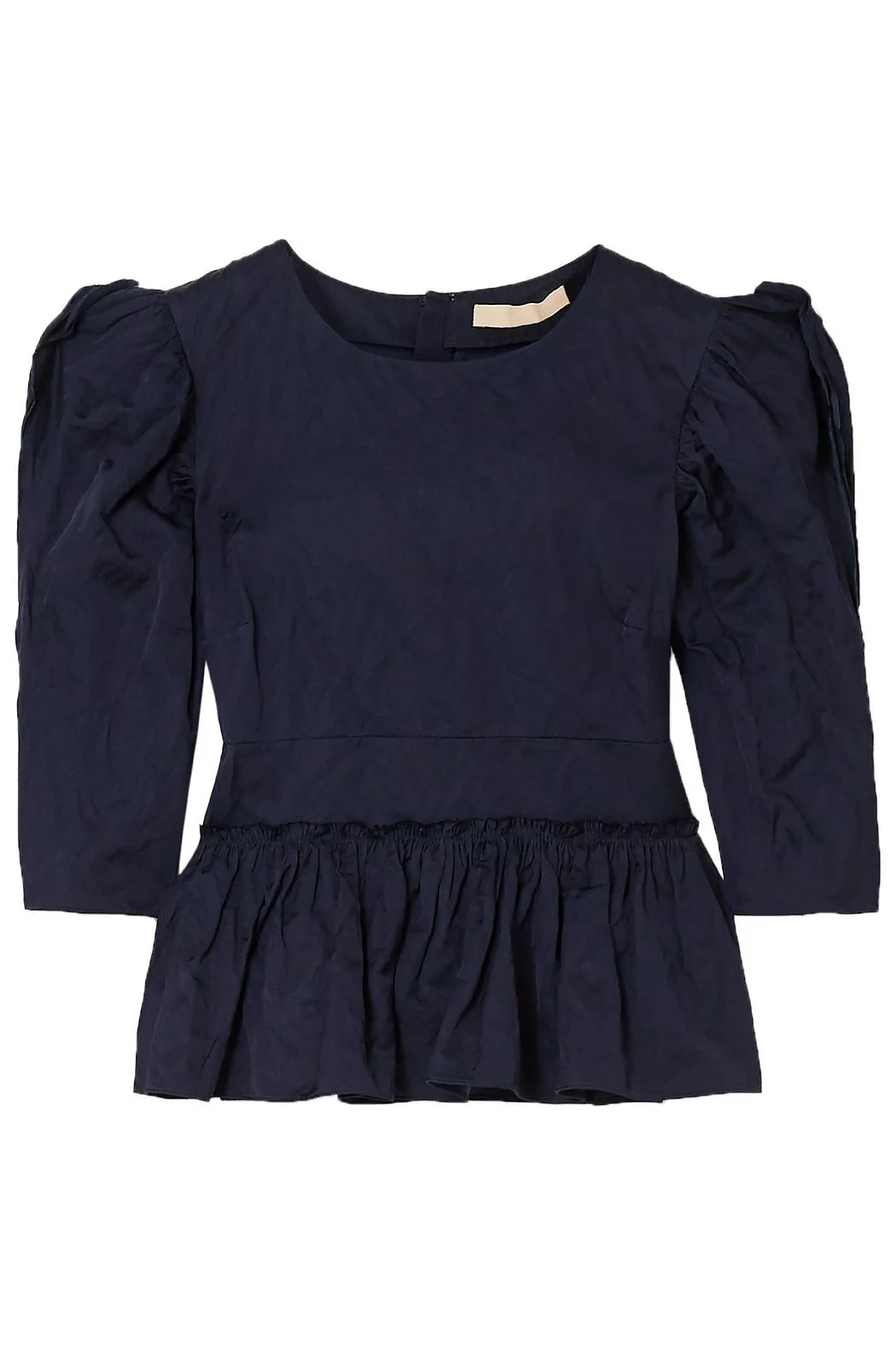 Brock Collection Metallic Crinkled-Twill Peplum Blouse in Navy