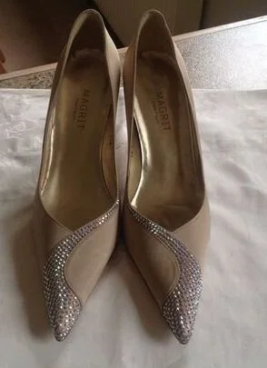 Magrit Swarovski Accented Pointed Pumps in Nude Satin