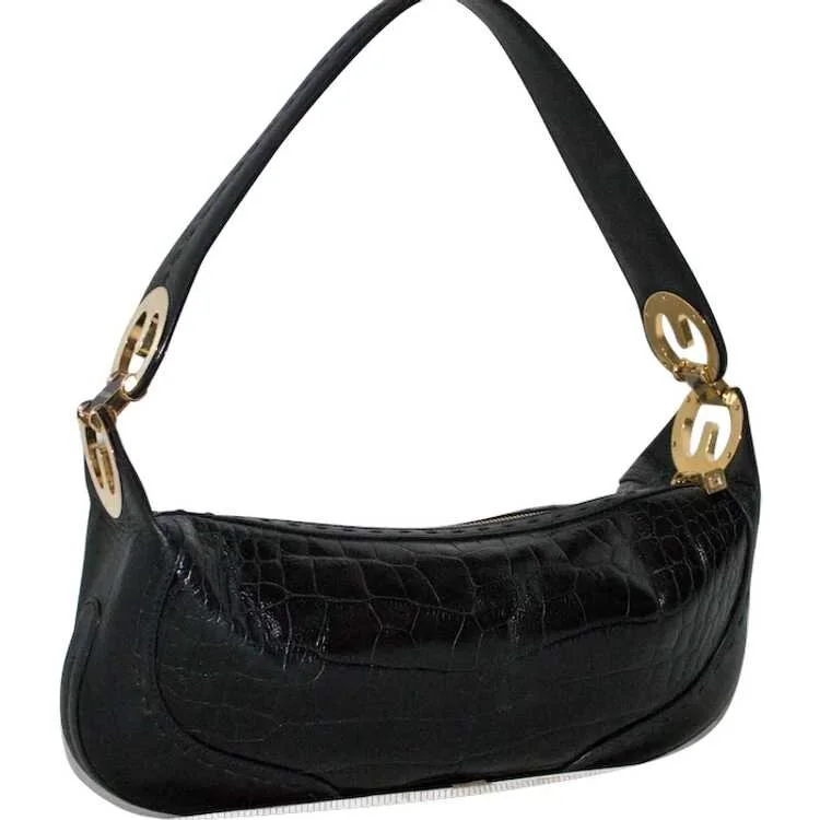 Escada Eluna Shoulder Bag in Black Croc Embossed Leather