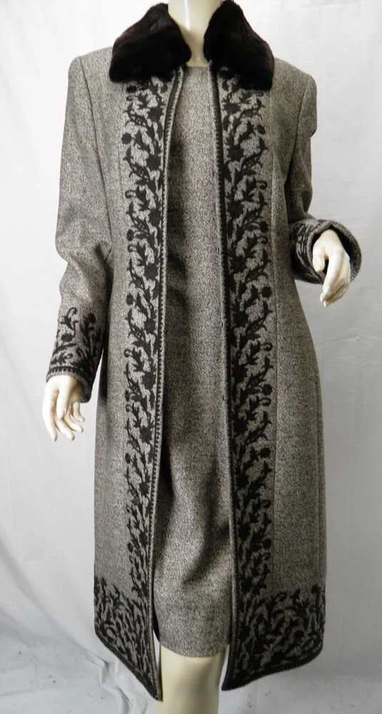 Escada Embroidered Tweed Long Coat in Grey