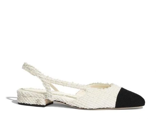 Chanel Wool Tweed Slingback Flats in White/Black