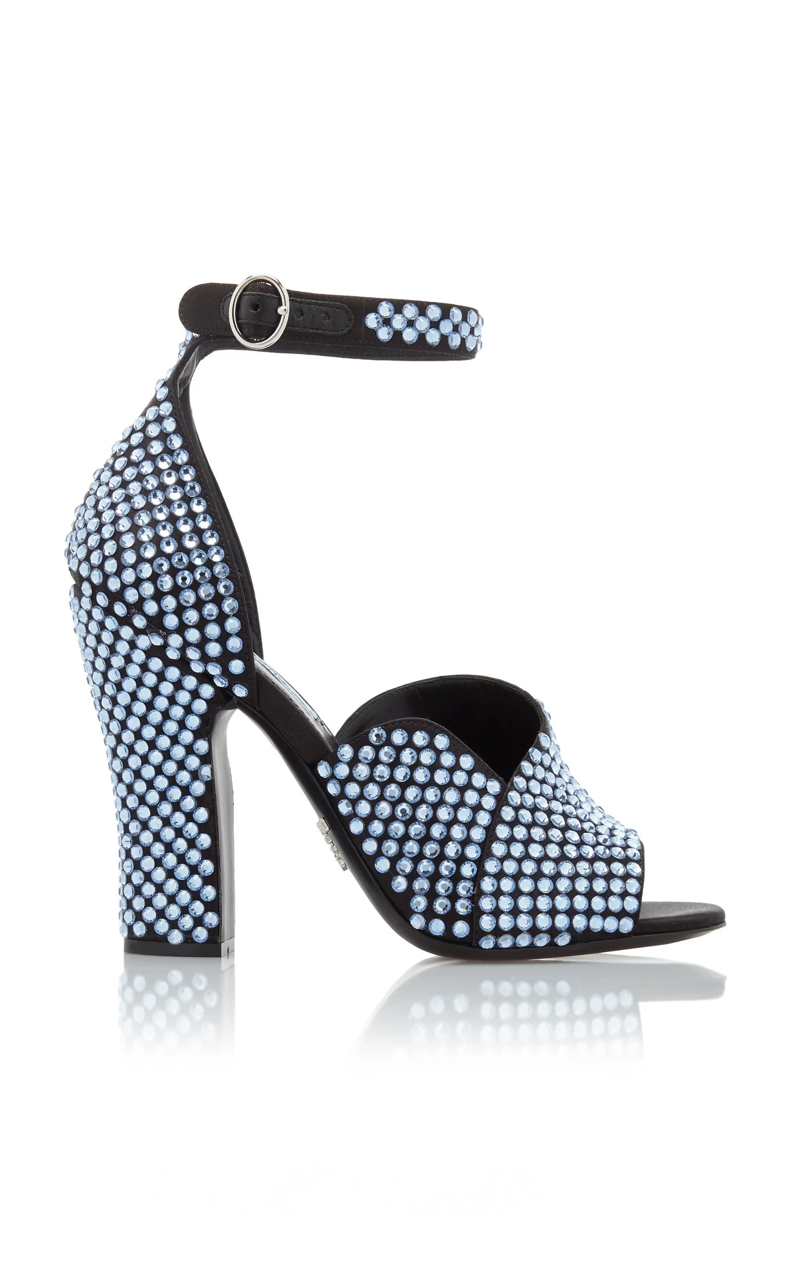 Prada Crystal-Embellished Satin 105mm Sandals in Blue and Black
