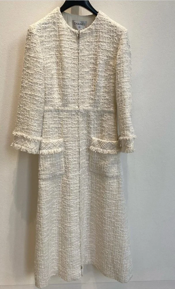 Chanel Zip-Front Tweed Midi Dress in White