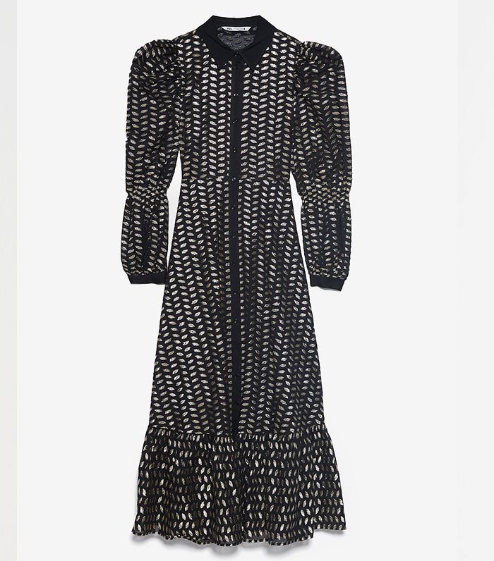 Zara Metallic Puff Sleeve Midi Shirt Dress.jpg