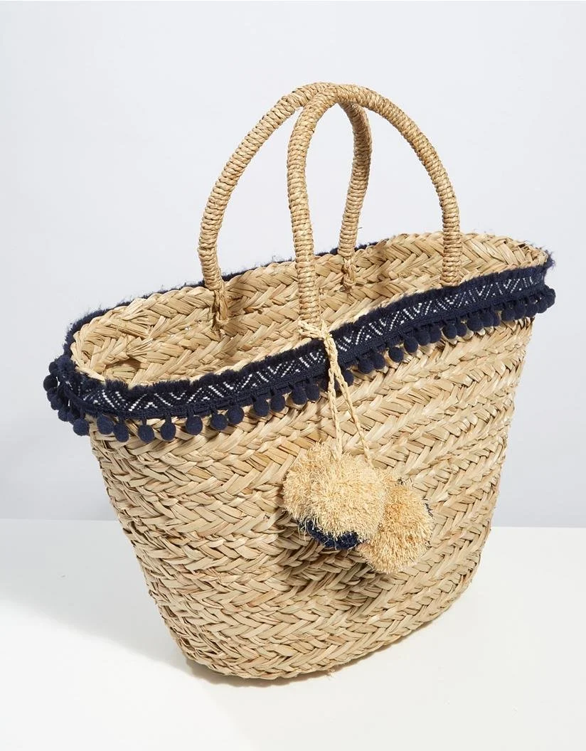 The White Company Straw Pom-Pom Trim Basket Bag 