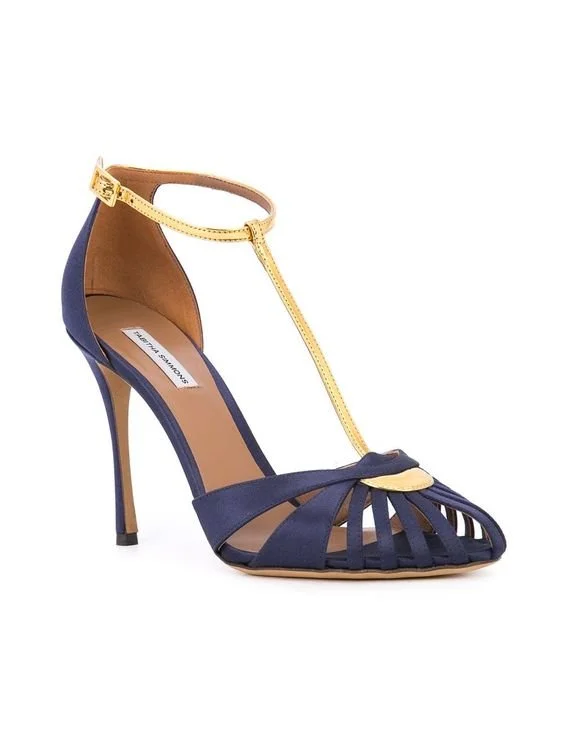 Tabitha Simmons Chelsea Ankle Strap Sandals in Navy Satin
