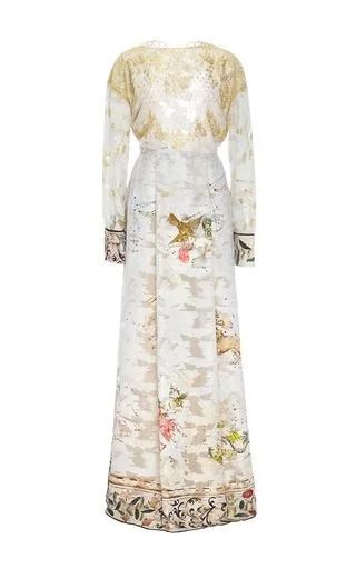 Sandra Mansour Lace and Printed Light Brocade Gown