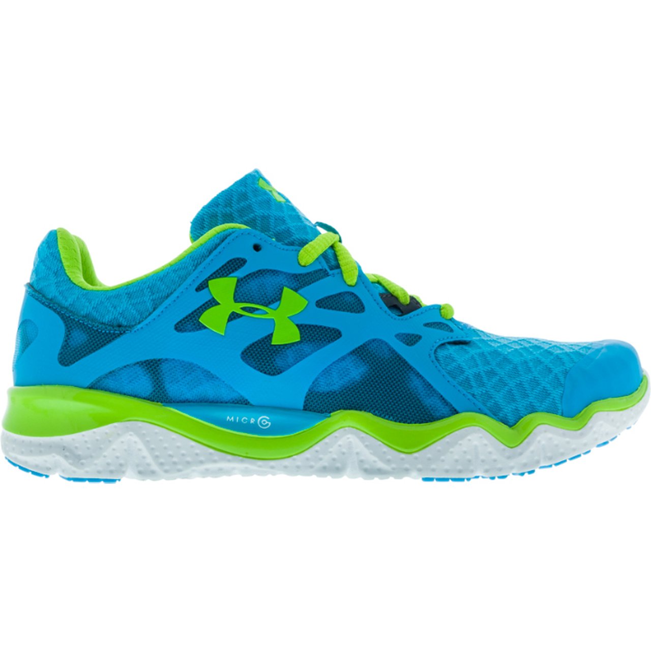 Under Armour Micro G Monza Running Shoes in Pirate Blue Hyper Green White.jpg