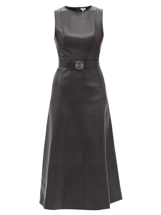 Loewe Anagram-Belt Leather Midi Dress in Black