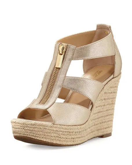 Michael Kors Damita Zip-Front Wedge Sandals in Pale Gold