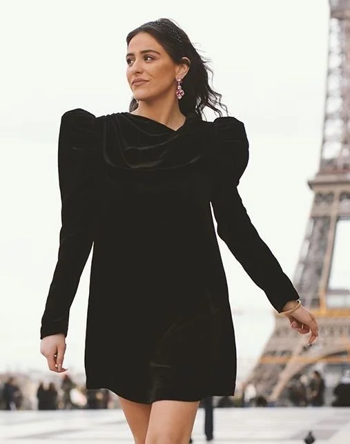 TSH Puff Shoulder Short Dress in Black Satin