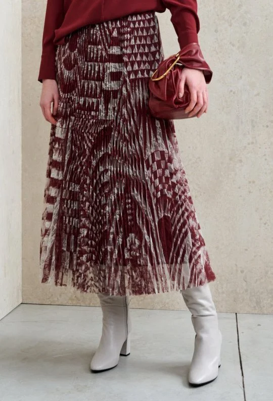 Natan Printed Tulle Midi Skirt in Burgundy