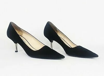 Prada Metallic Low Heel Pumps in Black Suede