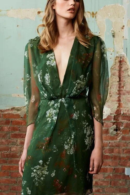 Natan Couture High Neck Floral Midi Dress in Green