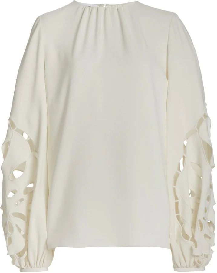 Oscar de la Renta Silk Palm Leaf Balloon Sleeve Blouse in Ivory