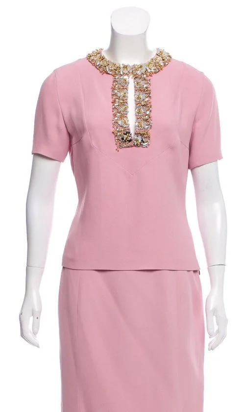 Miu Miu Embellished Neckline Short Sleeve Top in Pink