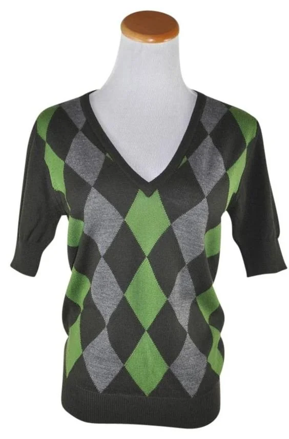 Prada V Neck Argyle Print Long Sleeve Sweater in Green