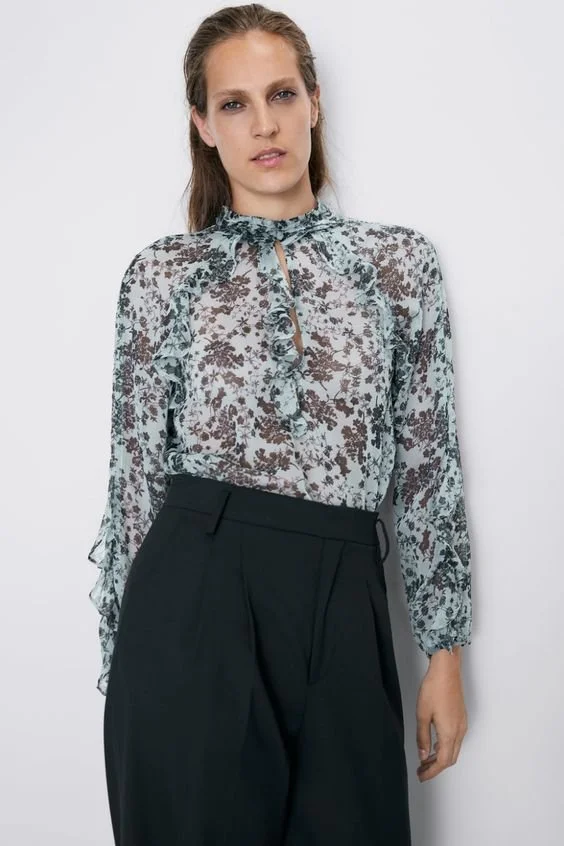 Zara Floral Print Ruffle Blouse
