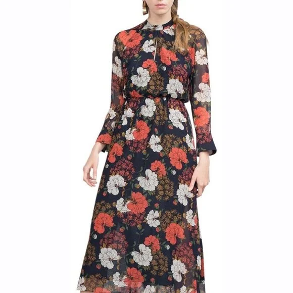 Zara Sheer Sleeves Floral Midi Dress in Black